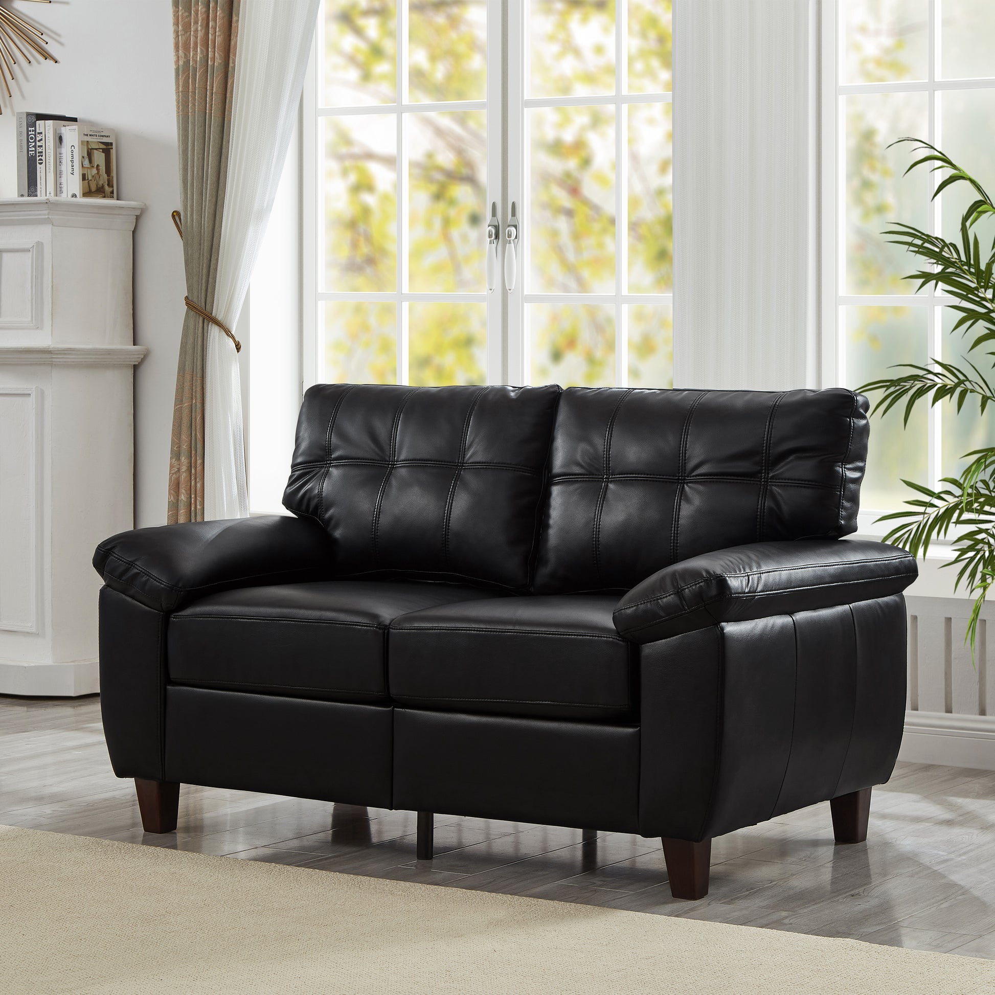59" Loveseat Modern Design Faux Leather Couch,Living Room Sofa with Storage,Big Armrest Sofa,Upholstered Breathable PU Leather Sofa,Black image 1