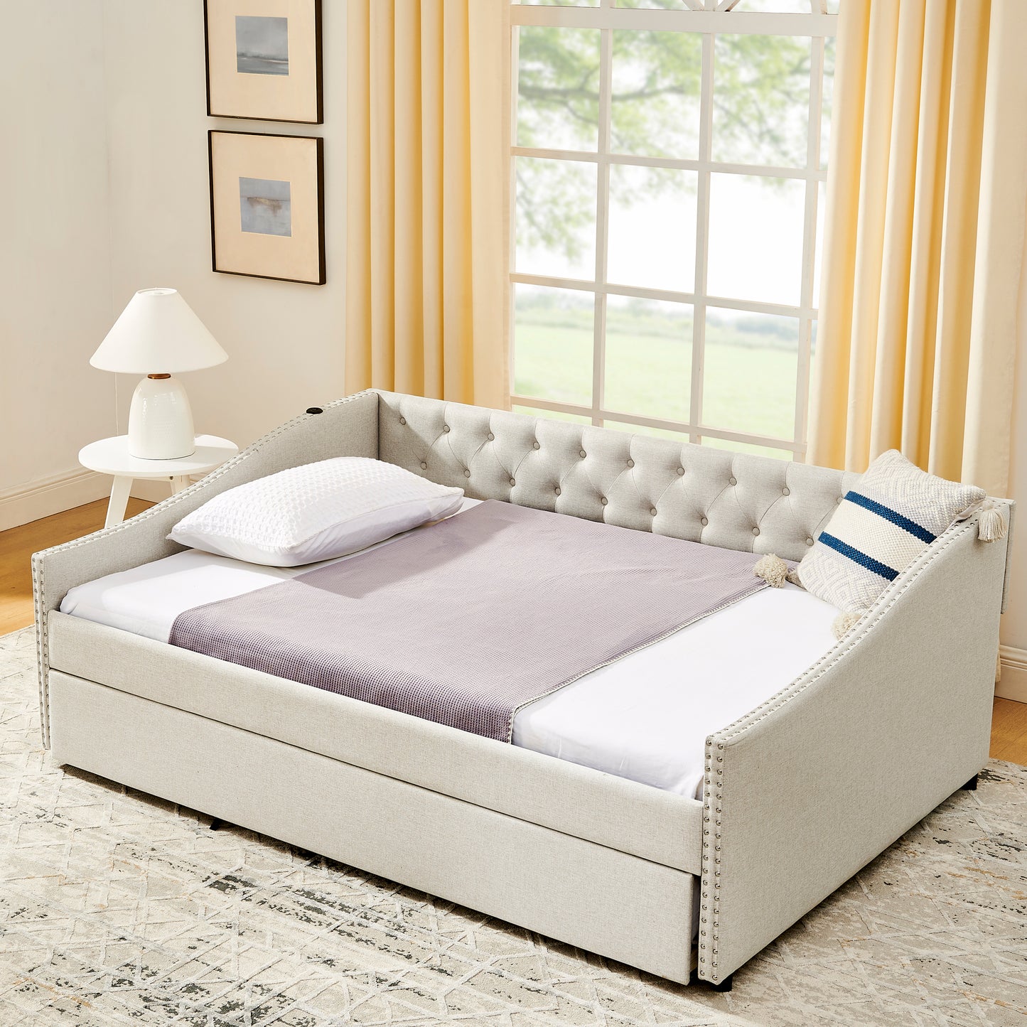 Full Size Daybed with USB Charging & Twin Size Pull-out Extendable Bed, with Button on Back and Copper Nail on Waved Shape Arms image 3
