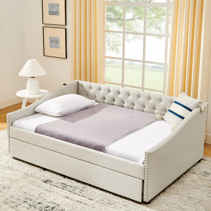 Full Size Daybed with USB Charging & Twin Size Pull-out Extendable Bed, with Button on Back and Copper Nail on Waved Shape Arms image 3