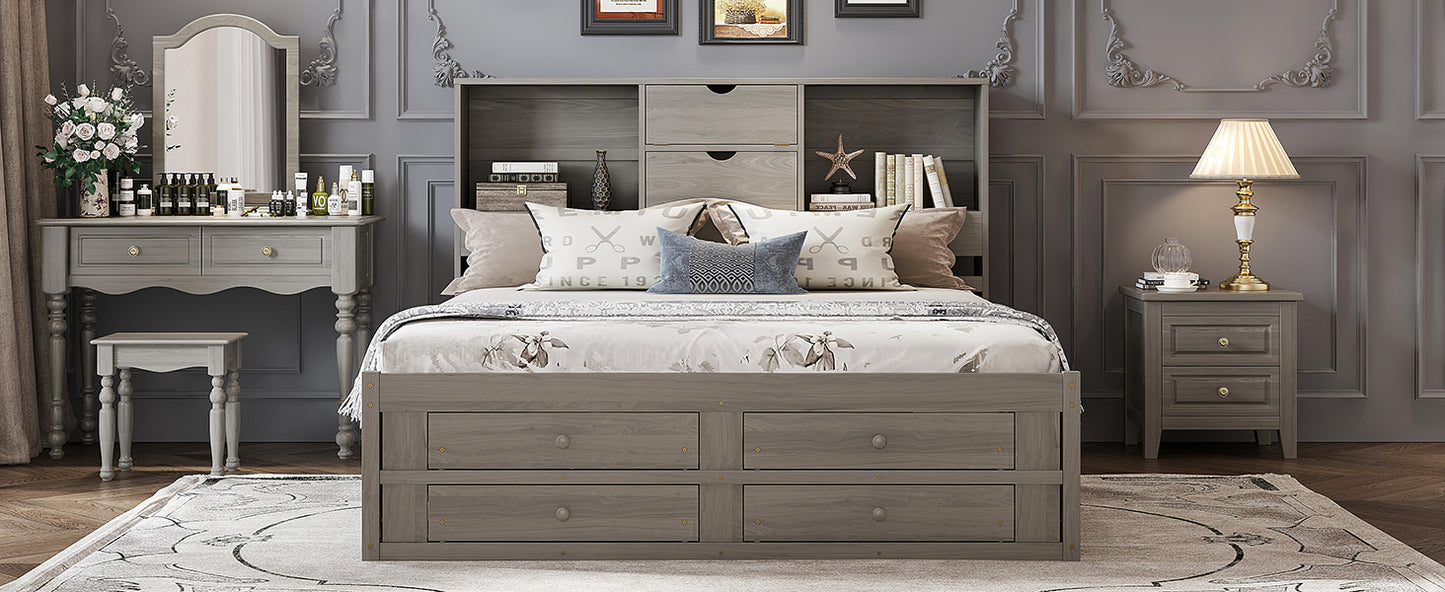 King Size Platform Bed with Storage Headboard and 8 Drawers, Gray image 9