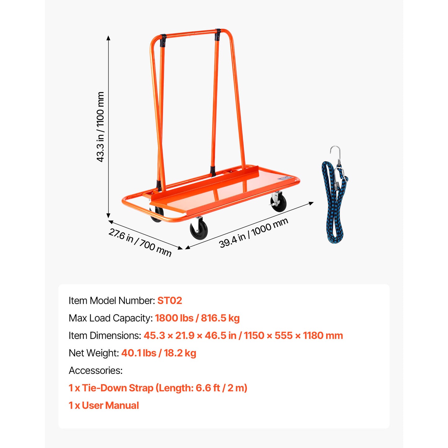 Drywall Cart Dolly, 1800 lbs Load Capacity, Steel Panel Dolly with 4 Swivel Casters, Durable & Long-lasting, Panel Truck Cart with Tie-Down Strap for Plywood, Plasterboard, Glass, Orange image 5