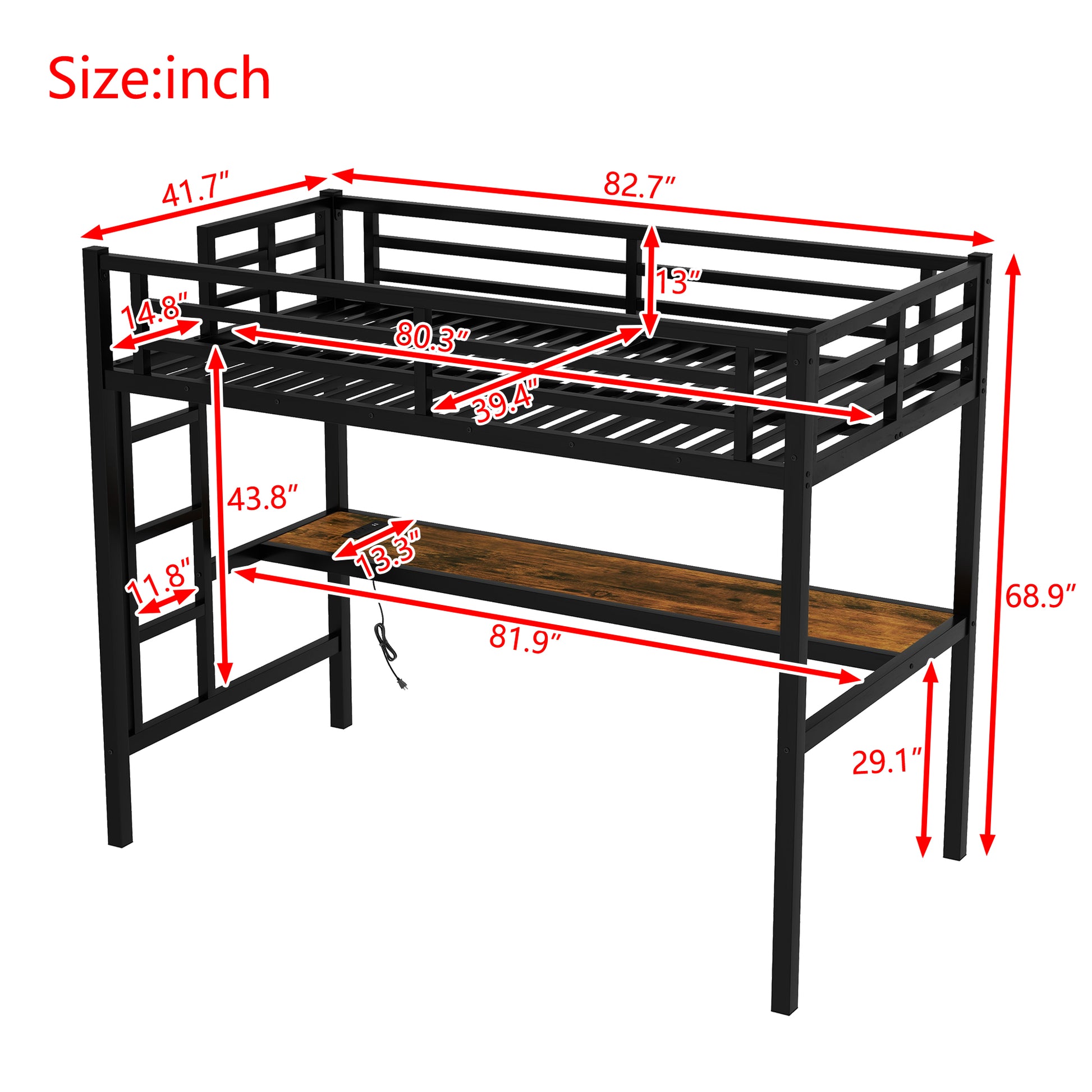 Metal Twin XL Size Loft Bed with Power Outlet and LED Lighted, Space-Saving, Noise Reduced, Black image 4
