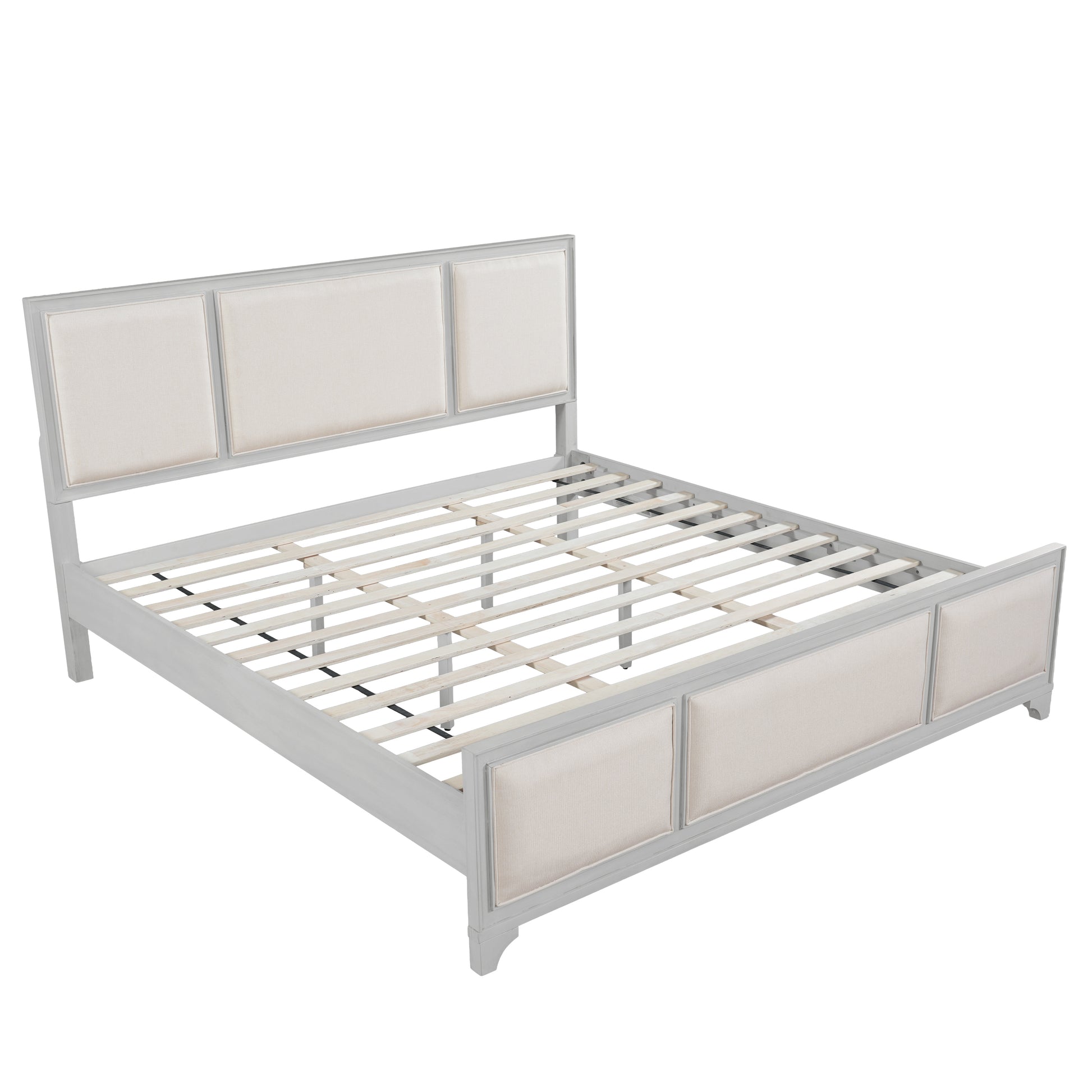 King Size Bed Frame with Upholstered Headboard, White Solid Wood & Beige Fabric, No Box Spring Needed, Modern Farmhouse Style image 8