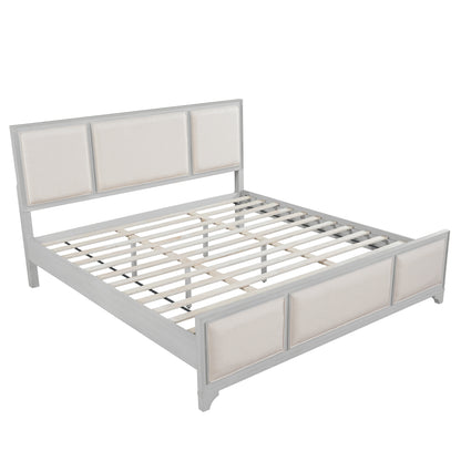 King Size Bed Frame with Upholstered Headboard, White Solid Wood & Beige Fabric, No Box Spring Needed, Modern Farmhouse Style image 8