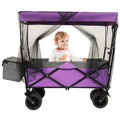 480Lbs Collapsible Wagon with Canopy,Wagon Stroller with 7" All-Terrain Wheels, Lightweight Foldable Wagon, Large Capacity for Camping, Shopping, Sports, and Garden Use,purple with mosquito net