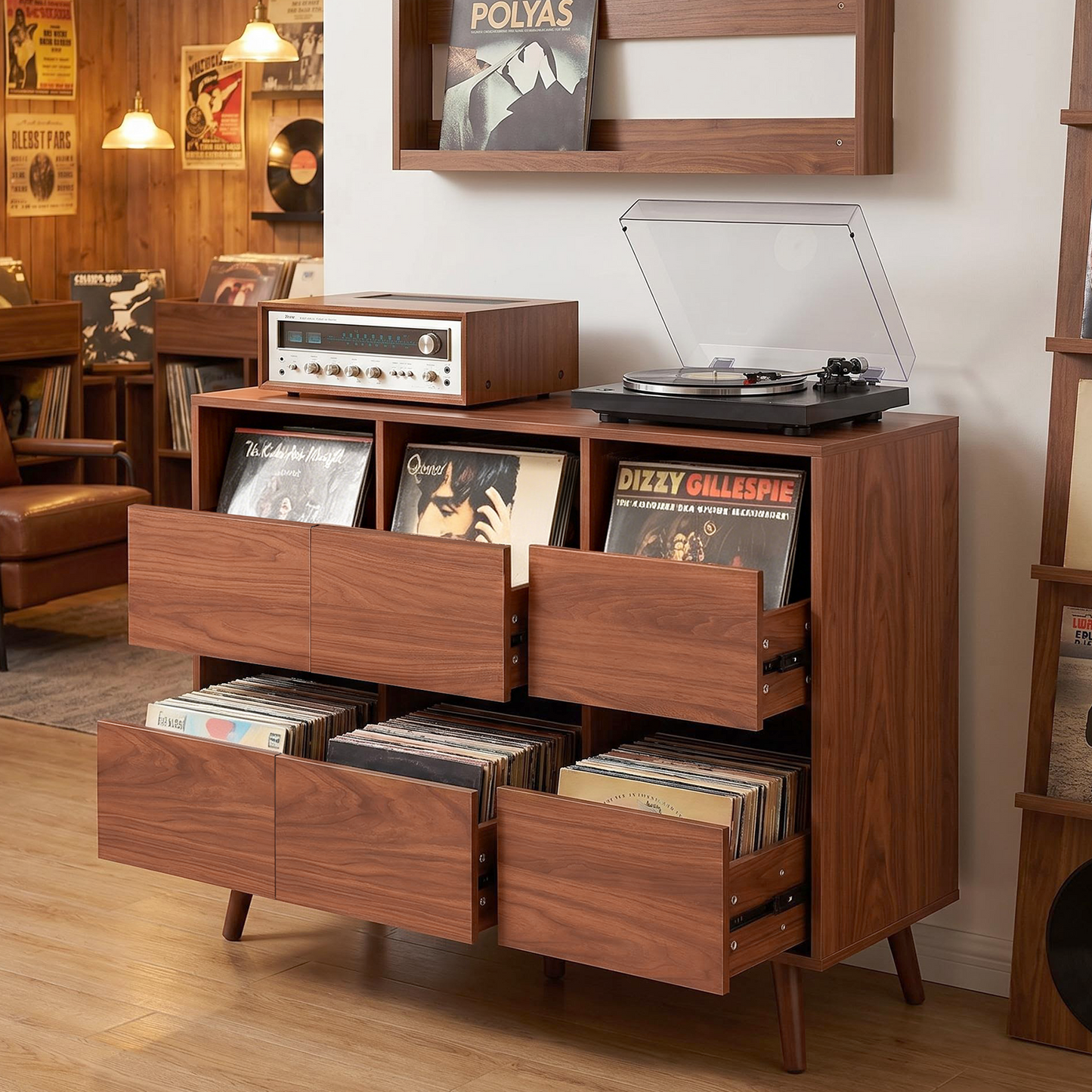 Dekuch record player stand walnut finish side angle