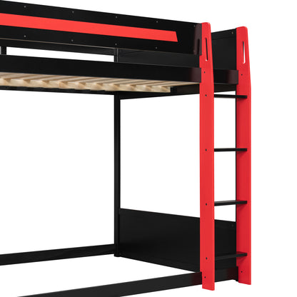Full-Size Gaming Bunk Bed with Side-Mounted Oversized RGB Desk, USB Charging Ports & Cable Grommet, LED Light Strip, Heavy-Duty Esports Loft Frame – Cool Design-Red image 10