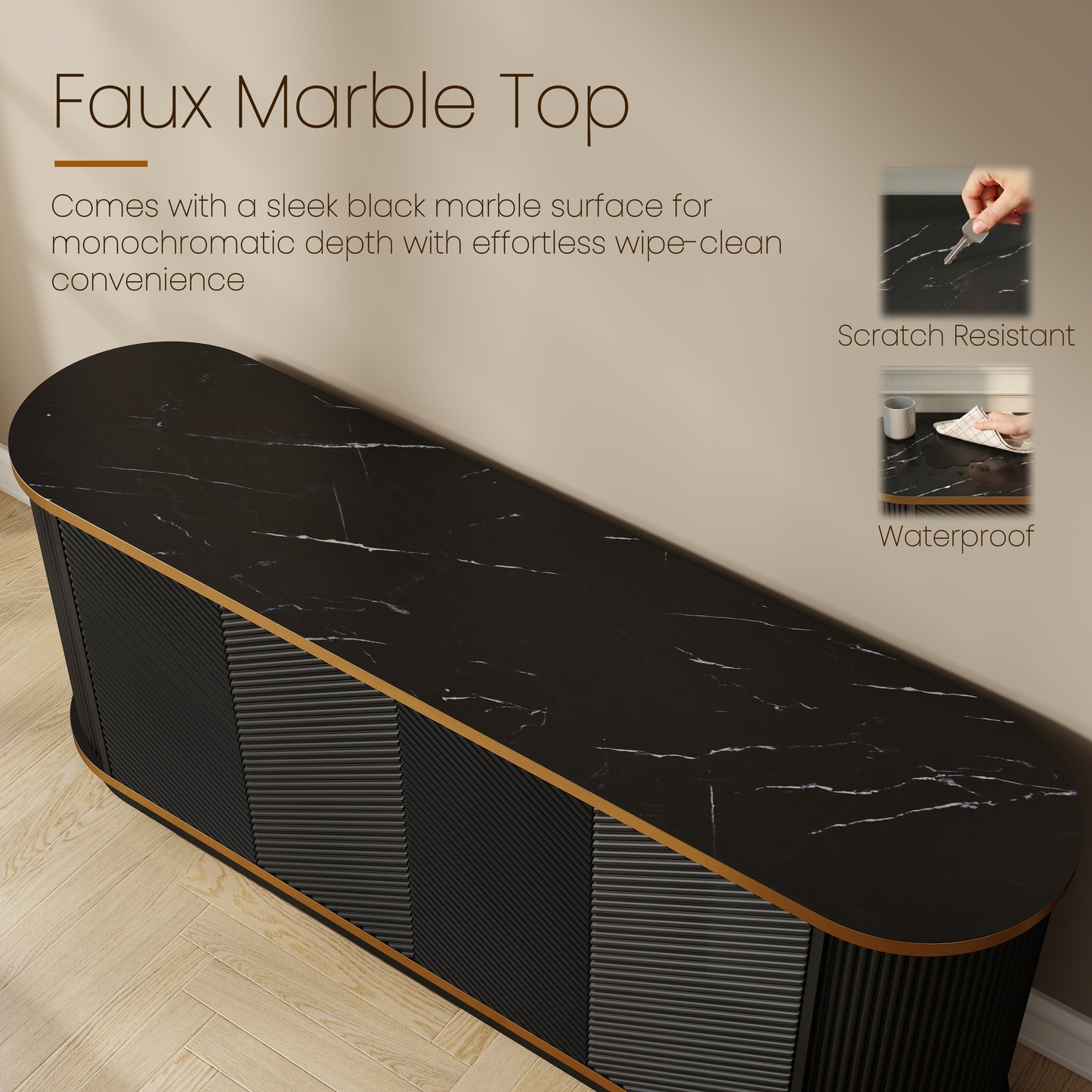63" Diagonal Fluted Sideboard Cabinet with Storage, 4-Door Buffet Credenza TV Stand with Gold Trim, Black Faux Marble-Top Console Table, Modern Storage Cabinet for Dining Room, Living Room, Black image 10