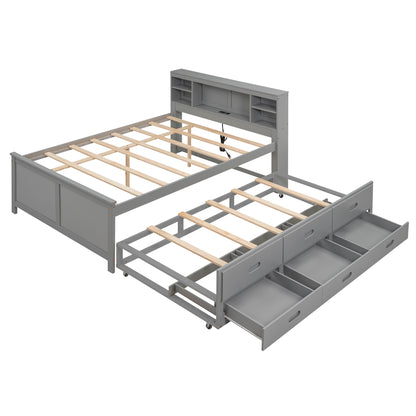 Full Size Platform Bed with Storage Headboard, USB, Twin Size Trundle and 3 Drawers, Gray image 9