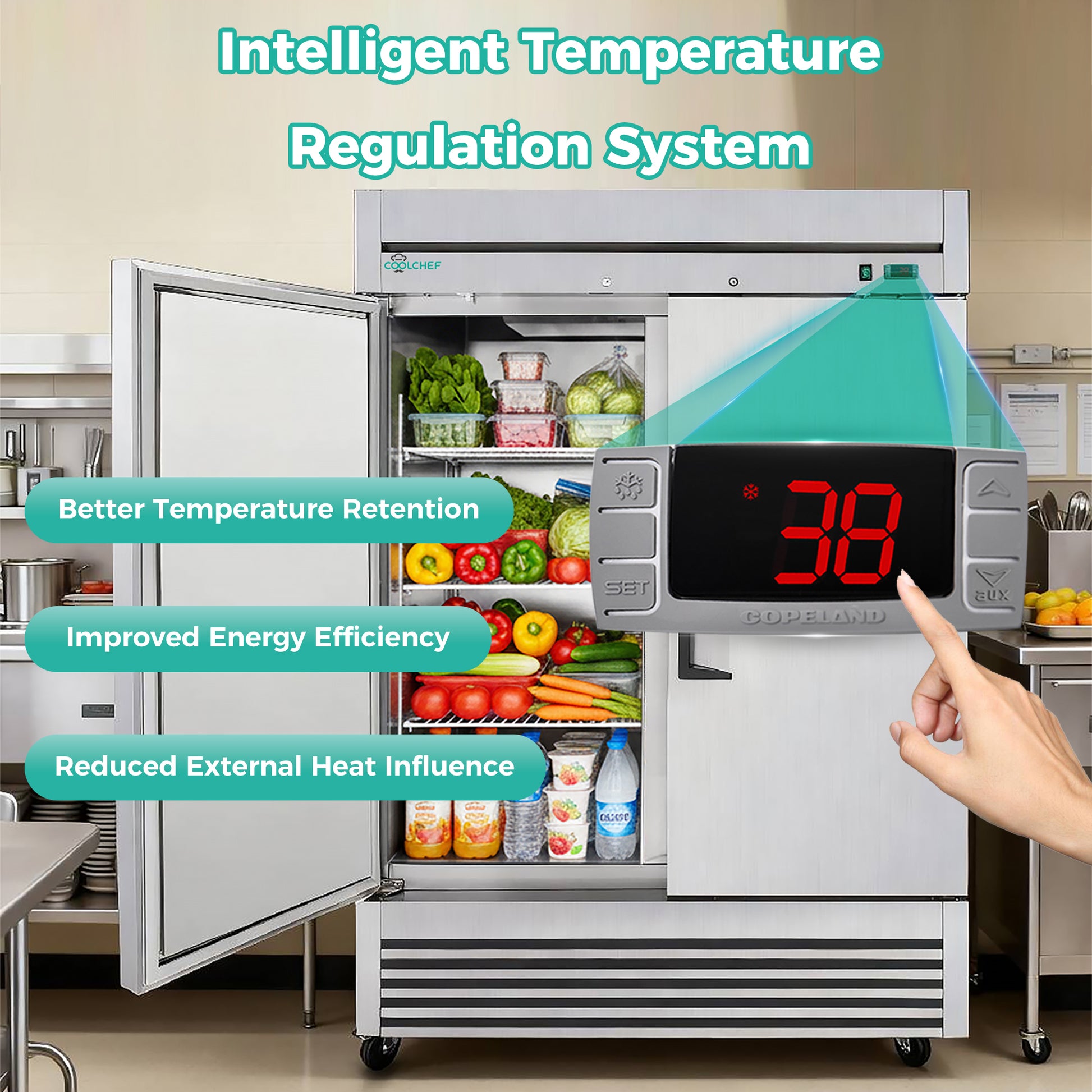 54" Commercial Refrigerator 49 Cu.Ft, Stainless Steel 2 Door Reach-in Fridge, 32–37℉, Air Cooling, LED Light, 6 Shelves, R290, ETL image 3