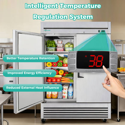54" Commercial Refrigerator 49 Cu.Ft, Stainless Steel 2 Door Reach-in Fridge, 32–37℉, Air Cooling, LED Light, 6 Shelves, R290, ETL image 3