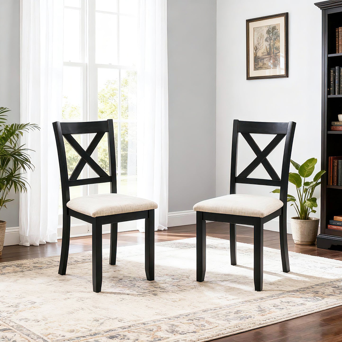 Dining Chairs Only, Wooden Dining Chairs Set of 4, Kitchen Chair with Padded Seat, Upholstered Side Chair for Dining Room, Living Room, Kitchen, Black & Beige two tone image 3