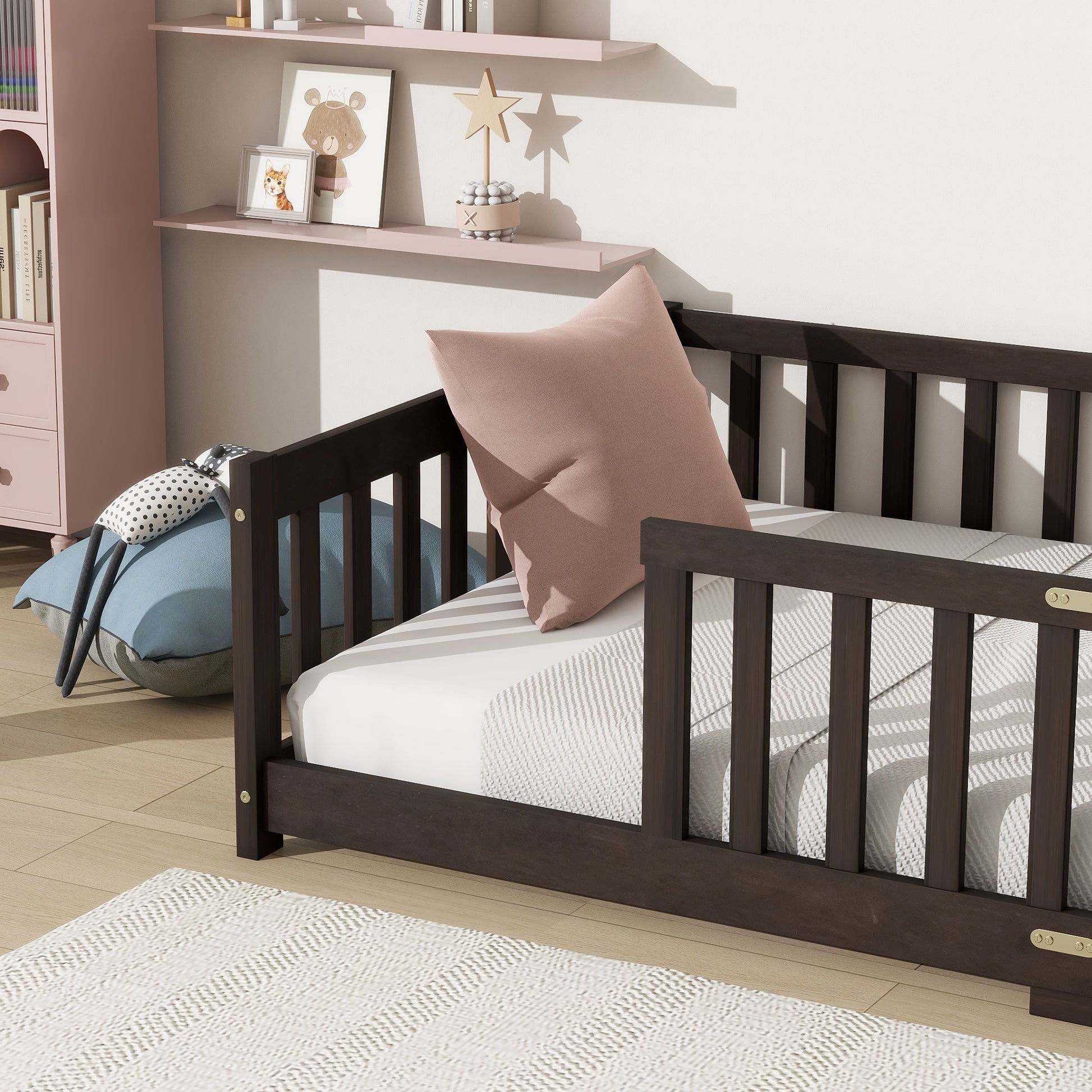 Twin Size Floor Bed with Fence without Door, Rubber Wood Floor Bed with Safety Guardrails,Espresso (Old Sku W504P286398) image 4