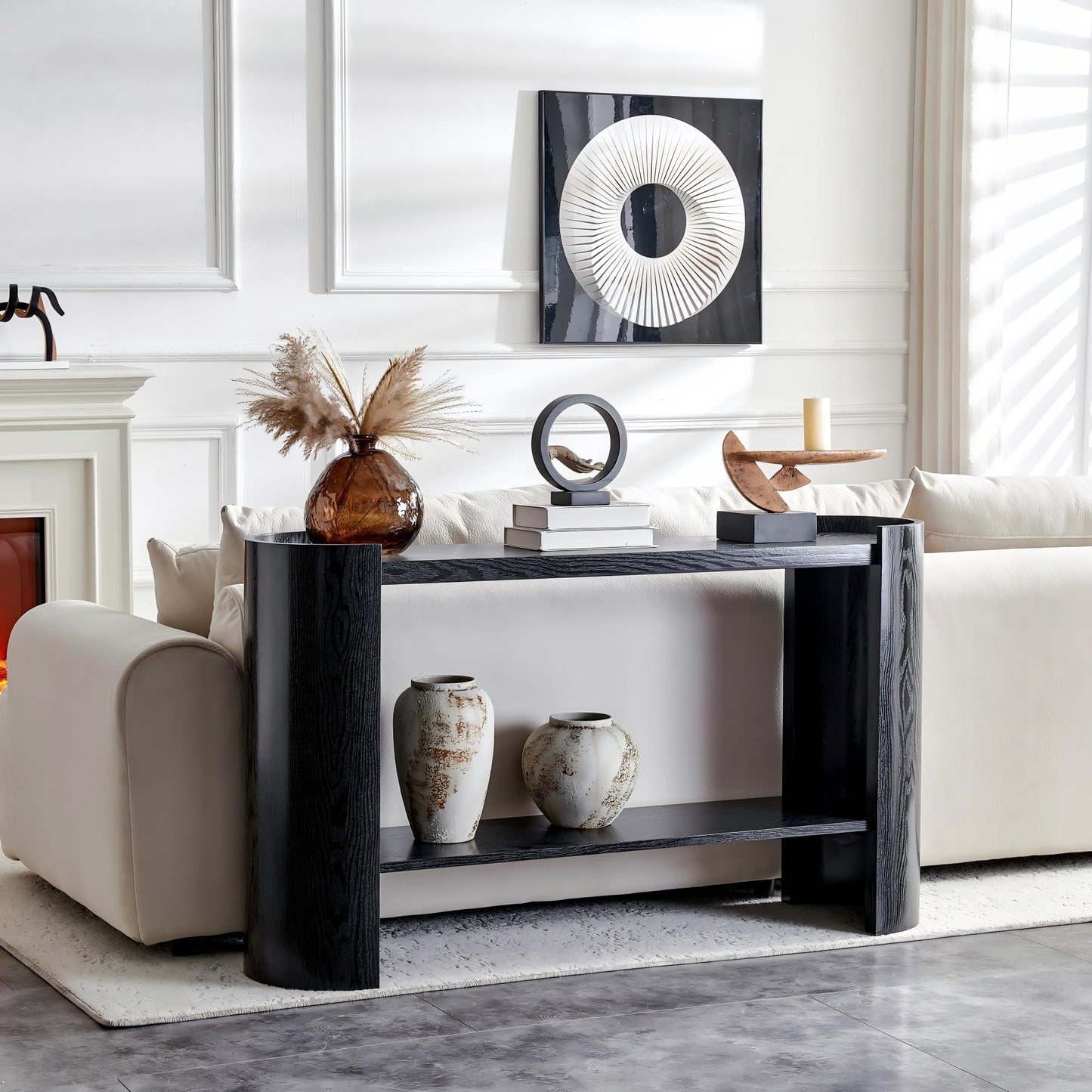 Double-layer Black curved foyer table - Black wood grain minimalist entrance small space living room sofa side table image 1