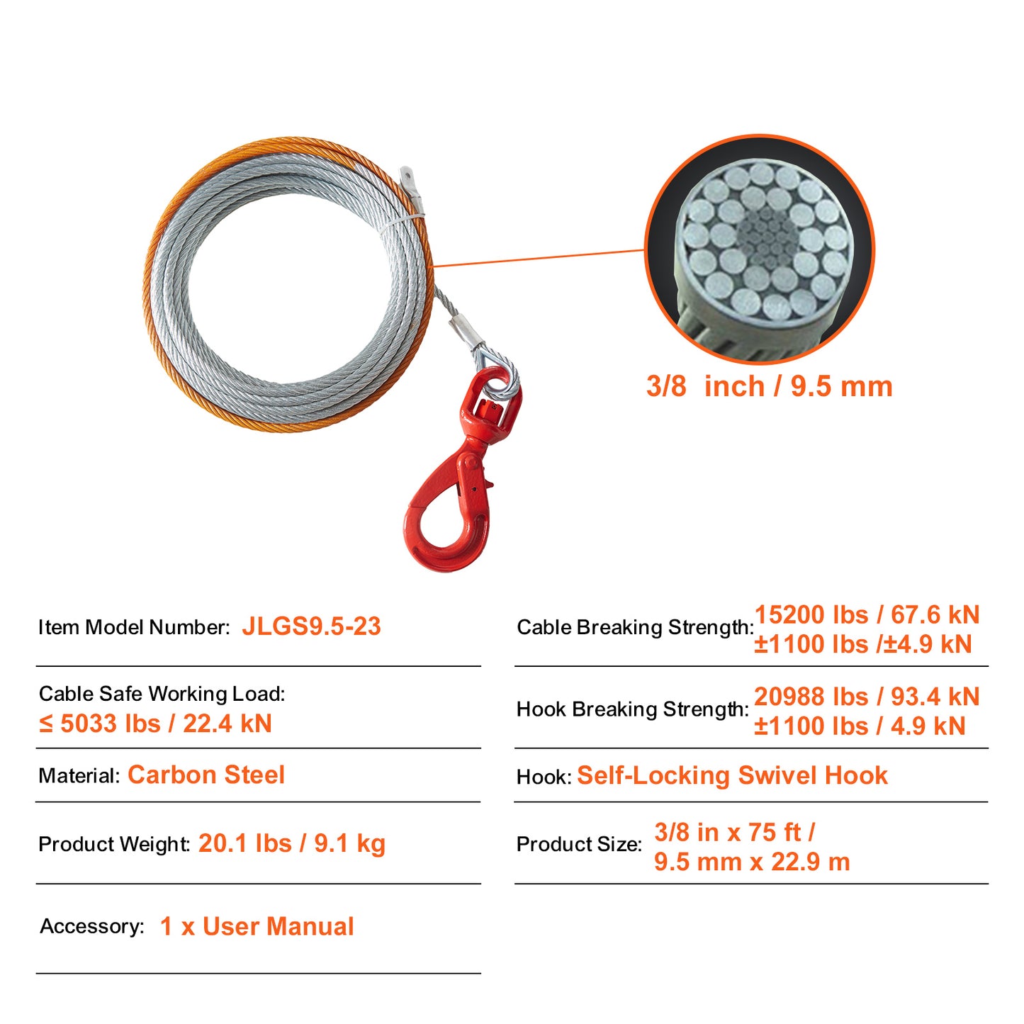 Galvanized Steel Winch Cable, 3/8 Inch x 75 Feet 15,200 lbs Breaking Strength, Wire Winch Rope with Swivel Hook, Towing Cable Heavy Duty, Universal Fit for SUV, Large Off-Road Vehicle, Truck image 7