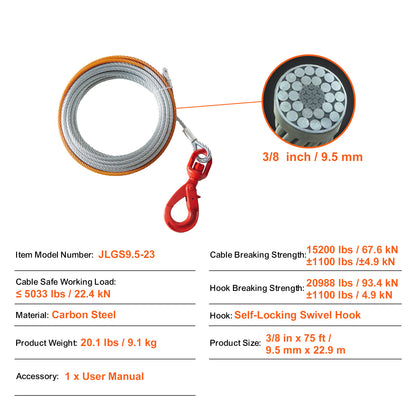 Galvanized Steel Winch Cable, 3/8 Inch x 75 Feet 15,200 lbs Breaking Strength, Wire Winch Rope with Swivel Hook, Towing Cable Heavy Duty, Universal Fit for SUV, Large Off-Road Vehicle, Truck image 7