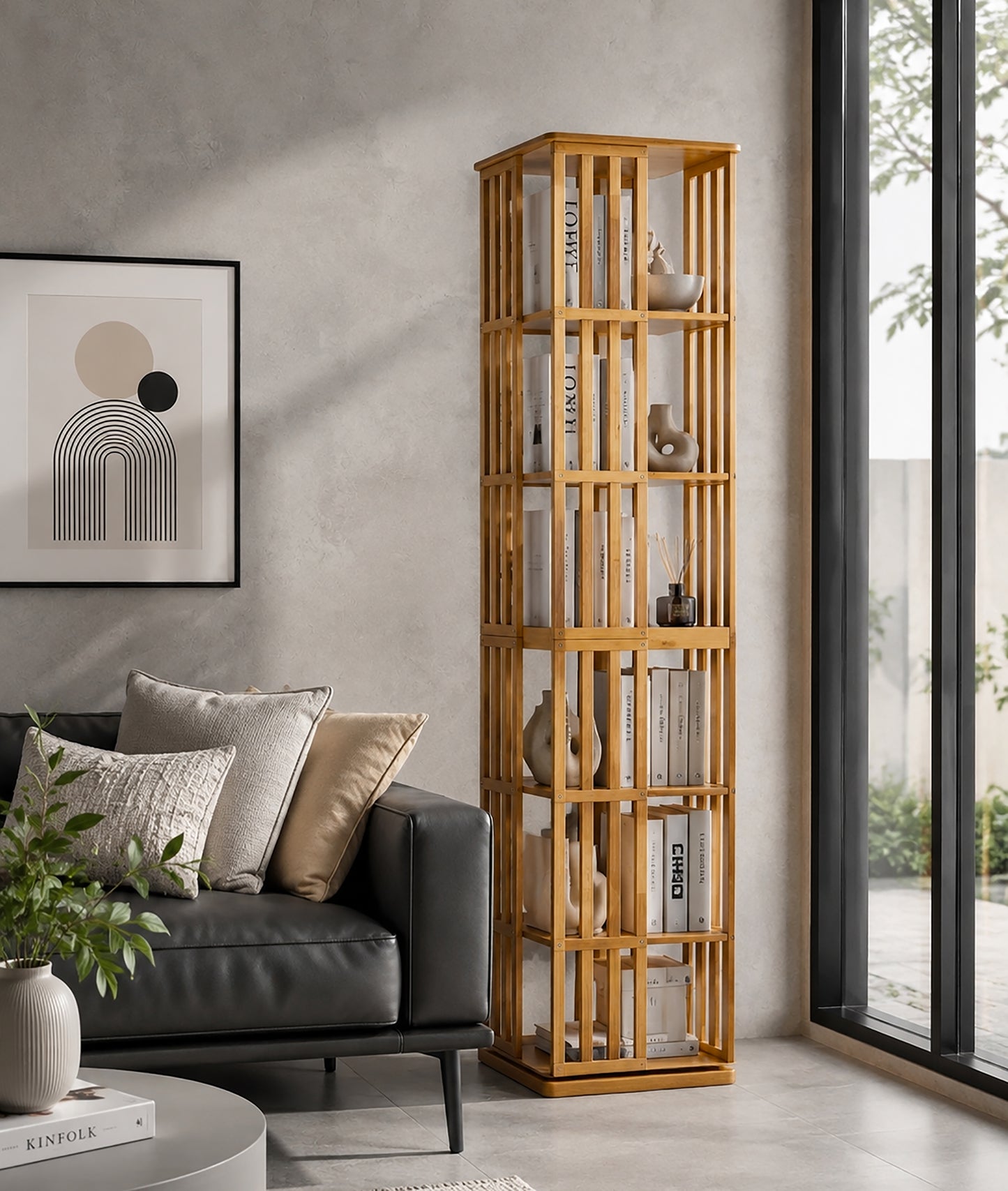 Rotating Bookshelf Tower, 360° Display Spinning Bookcase, 6 Tier Bamboo Bookshelf Floor Standing Storage Rack, Wood Narrow Book Shelf Organizer for Kids Adults (BROWN) image 6