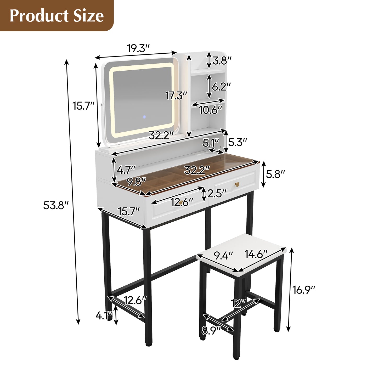 Makeup Vanity with LED Lighted Mirror, 360° Rotatable Mirror, Vanity Desk with 2 Drawers,Power Outlet and 3-Tier Shelves, Amber Glass Table Top, Dressing Table with Sturdy Metal Leg and Stool, White image 8