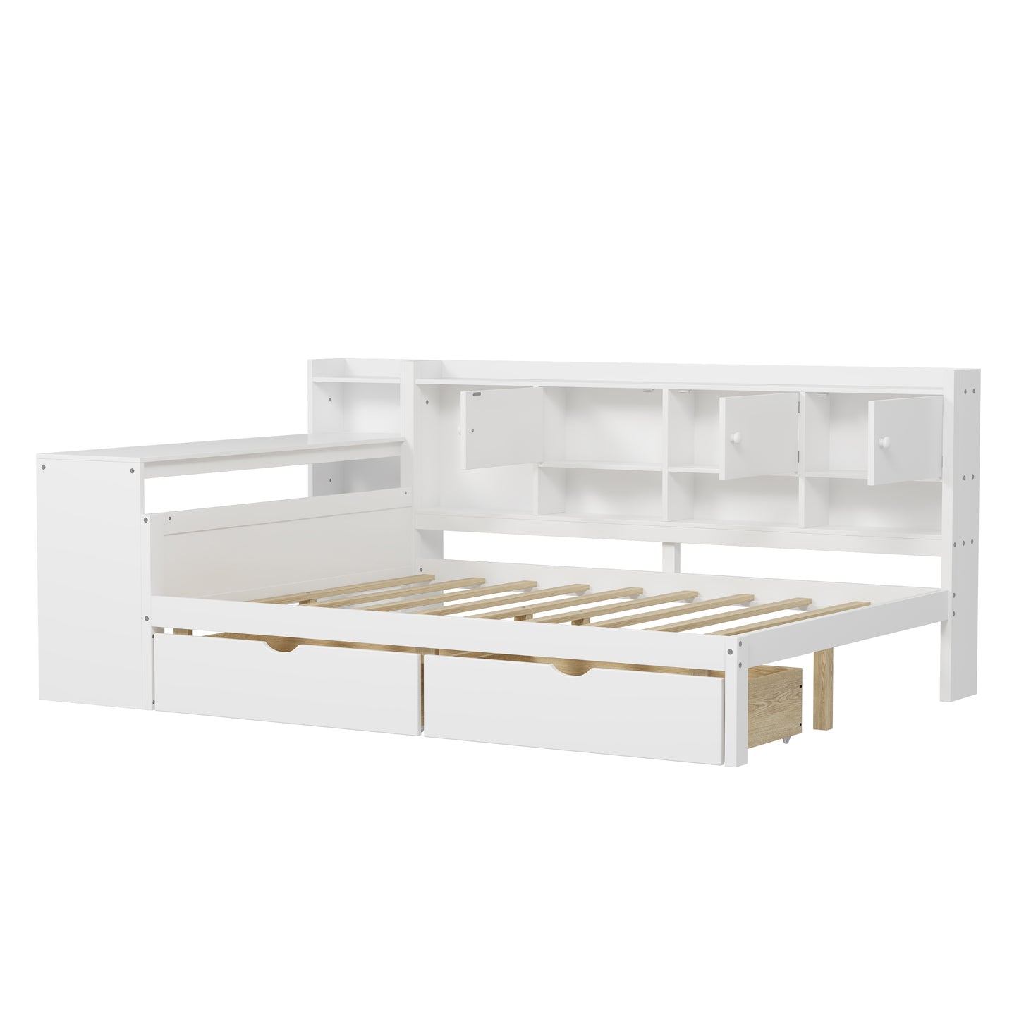 Full Size Wooden L-Shape Daybed with Seven Storage Cabinets and Two Storage Drawers, Multi-functional Bed with Study Desk and Built-in Bookshelf, White(old SKU: N733S247077K) image 6