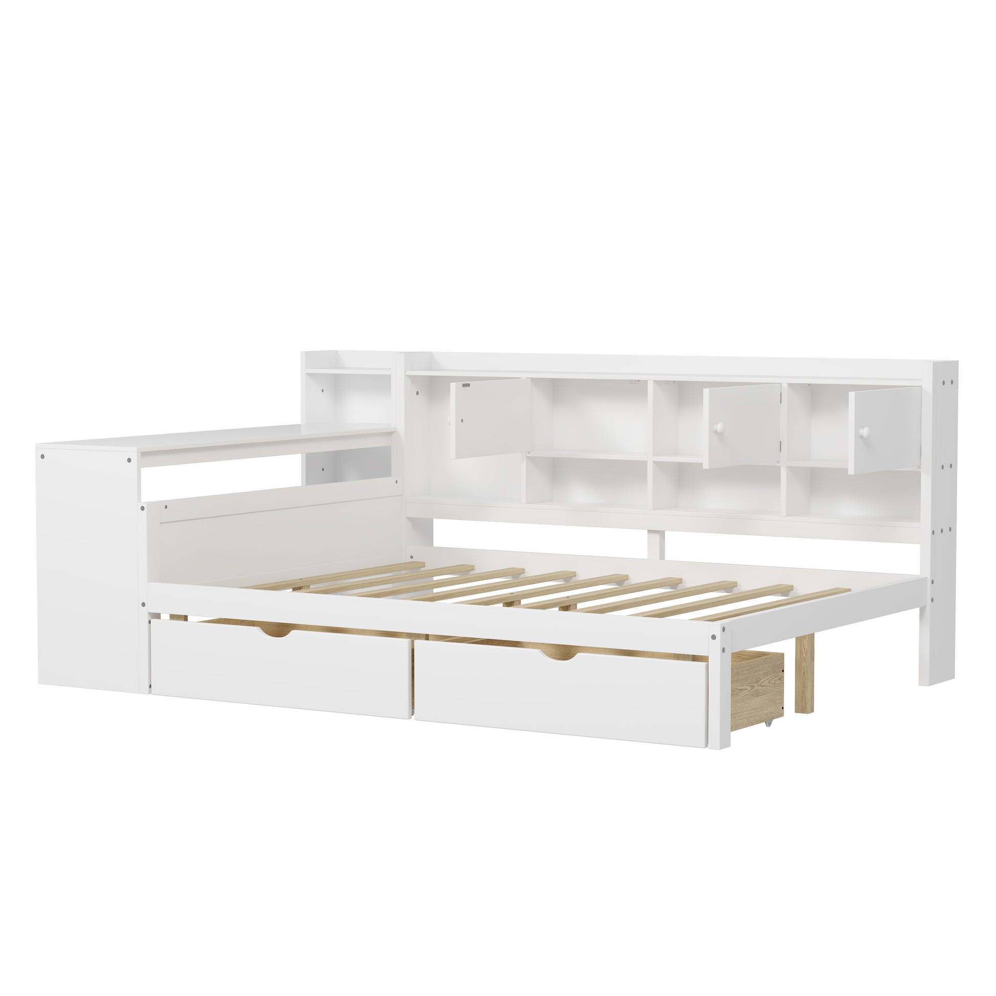 Full Size Wooden L-Shape Daybed with Seven Storage Cabinets and Two Storage Drawers, Multi-functional Bed with Study Desk and Built-in Bookshelf, White(old SKU: N733S247077K) image 6