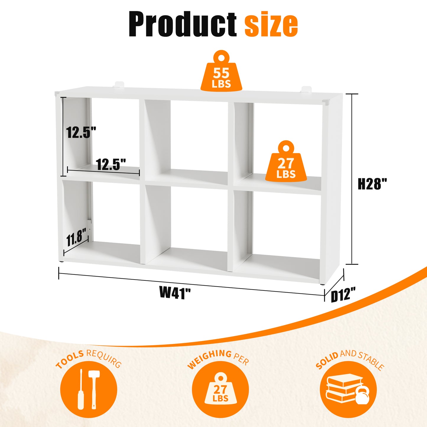 Book Shelf,Metal Bookcase,Display Shelf Storage Organizer,6-Cube Bookshelf,11.8"x 28" x 41",Easy Assembly,for Living Room,Bedroom,Home Office,White image 2