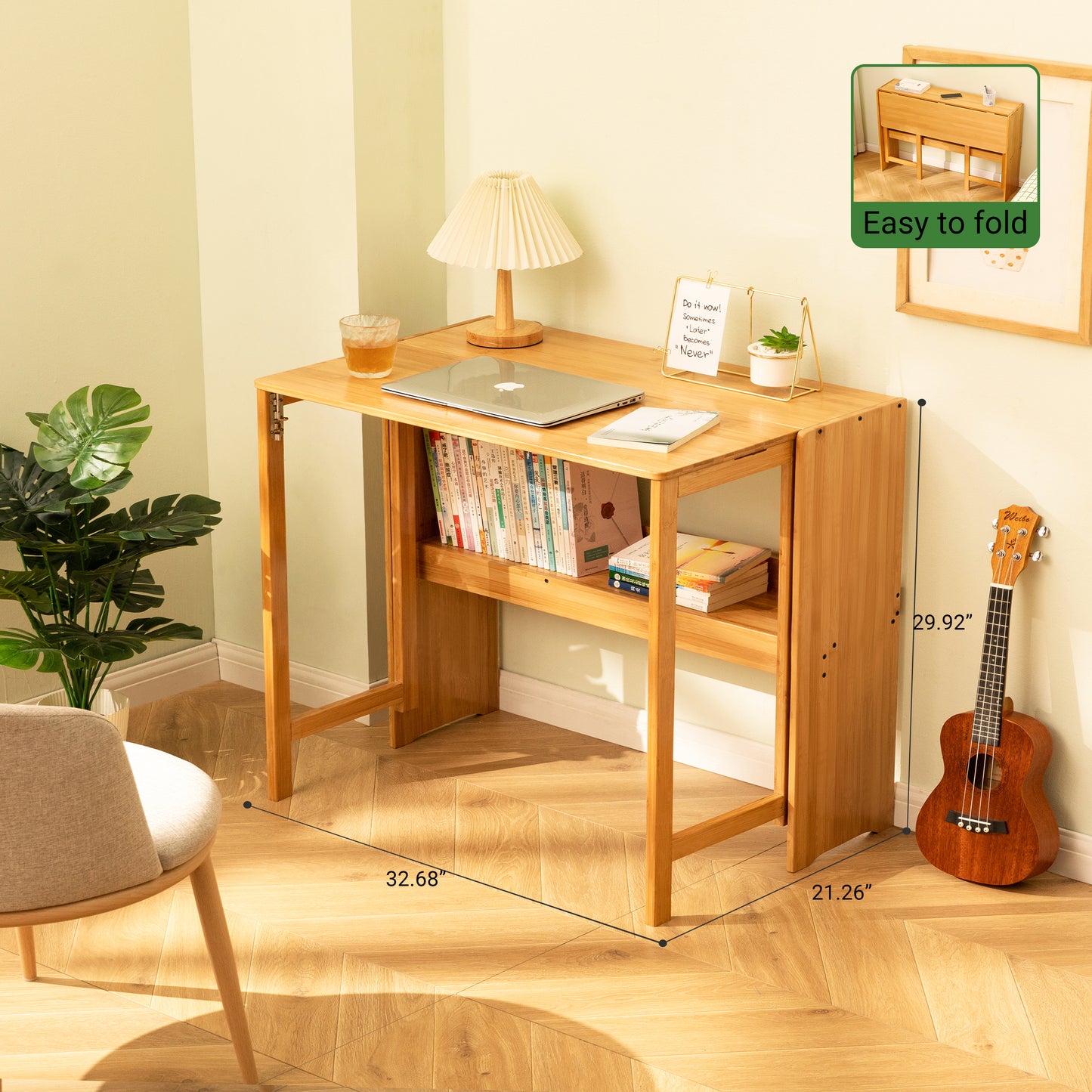 Bamboo Folding Desk, Space-Saving Computer Desk for Small Spaces, Foldable Study Table for Bedroom, Home Office, Dorm, Apartment, Natural Color image 9