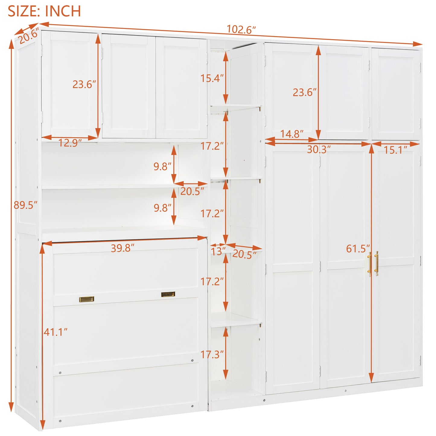 Twin Size Murphy Cabinet Bed with Wardrobe & Storage Shelves, 5-Tier LED Display Shelves, Overhead Cabinets, White image 6