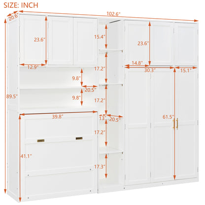 Twin Size Murphy Cabinet Bed with Wardrobe & Storage Shelves, 5-Tier LED Display Shelves, Overhead Cabinets, White image 6