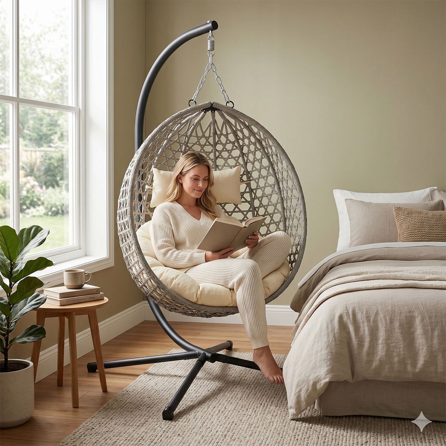 Folding PE Rattan Hanging Egg Chair with Stand, Gray Indoor Outdoor Hammock Swing Basket Chair, Aluminum Steel Frame for Patio Balcony Backyard Bedroom image 4