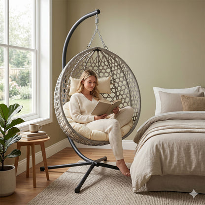 Folding PE Rattan Hanging Egg Chair with Stand, Gray Indoor Outdoor Hammock Swing Basket Chair, Aluminum Steel Frame for Patio Balcony Backyard Bedroom image 4