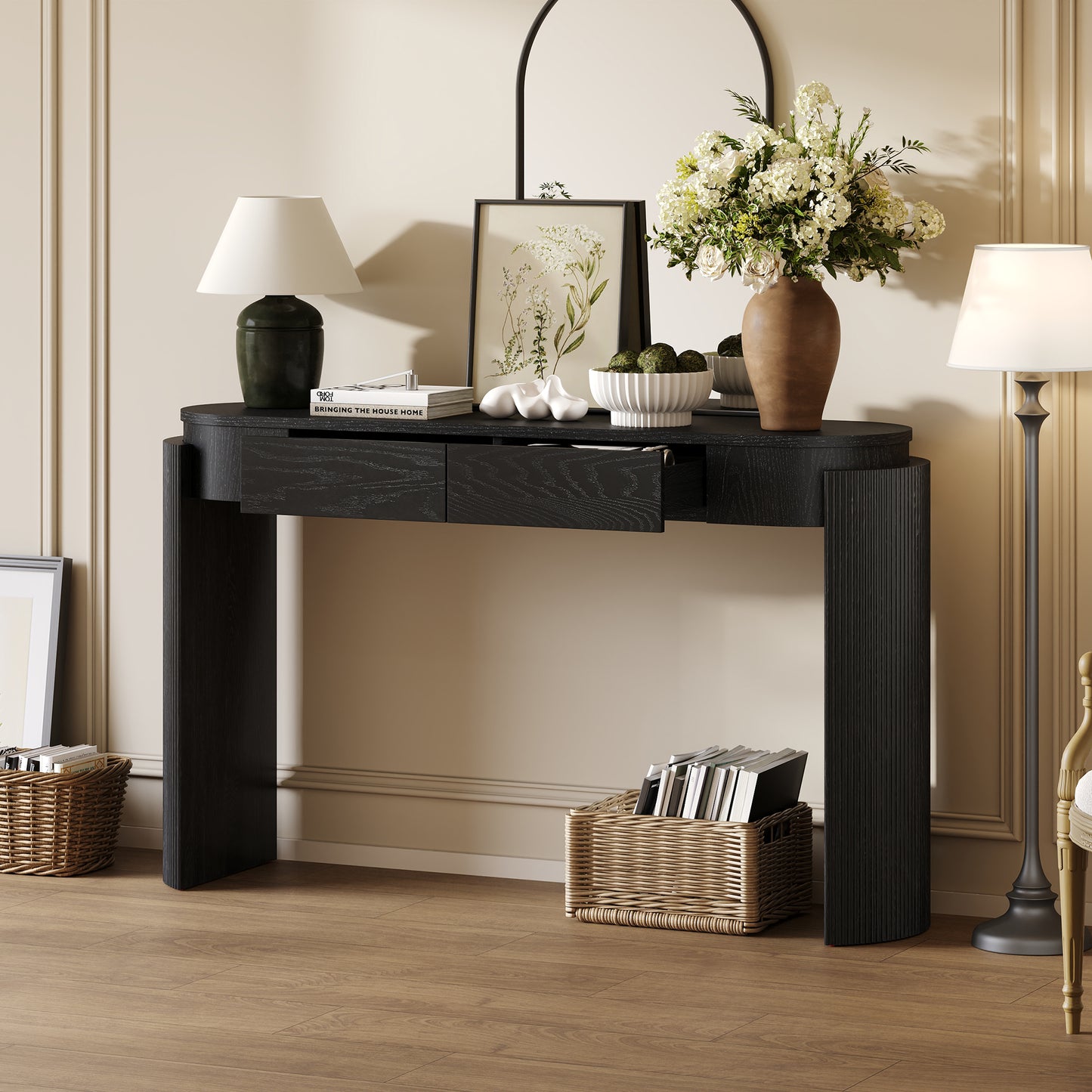 TREXM Entryway Table with Natural Wood Grain Finish, Console Table with Fluted Design, Oval Top and 2 Drawers for Entryway and Living Room (Black) image 12