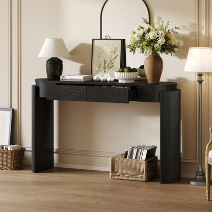 TREXM Entryway Table with Natural Wood Grain Finish, Console Table with Fluted Design, Oval Top and 2 Drawers for Entryway and Living Room (Black) image 12