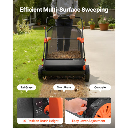 Push Lawn Sweeper, 26 in Leaf & Grass Collector with 7 cu. ft. Hopper Bag, Adjustable Brush Height & Spinning Brushes, Heavy Duty Yard Sweeper with Rubber Wheels for Leaves Grass Cleanup image 6