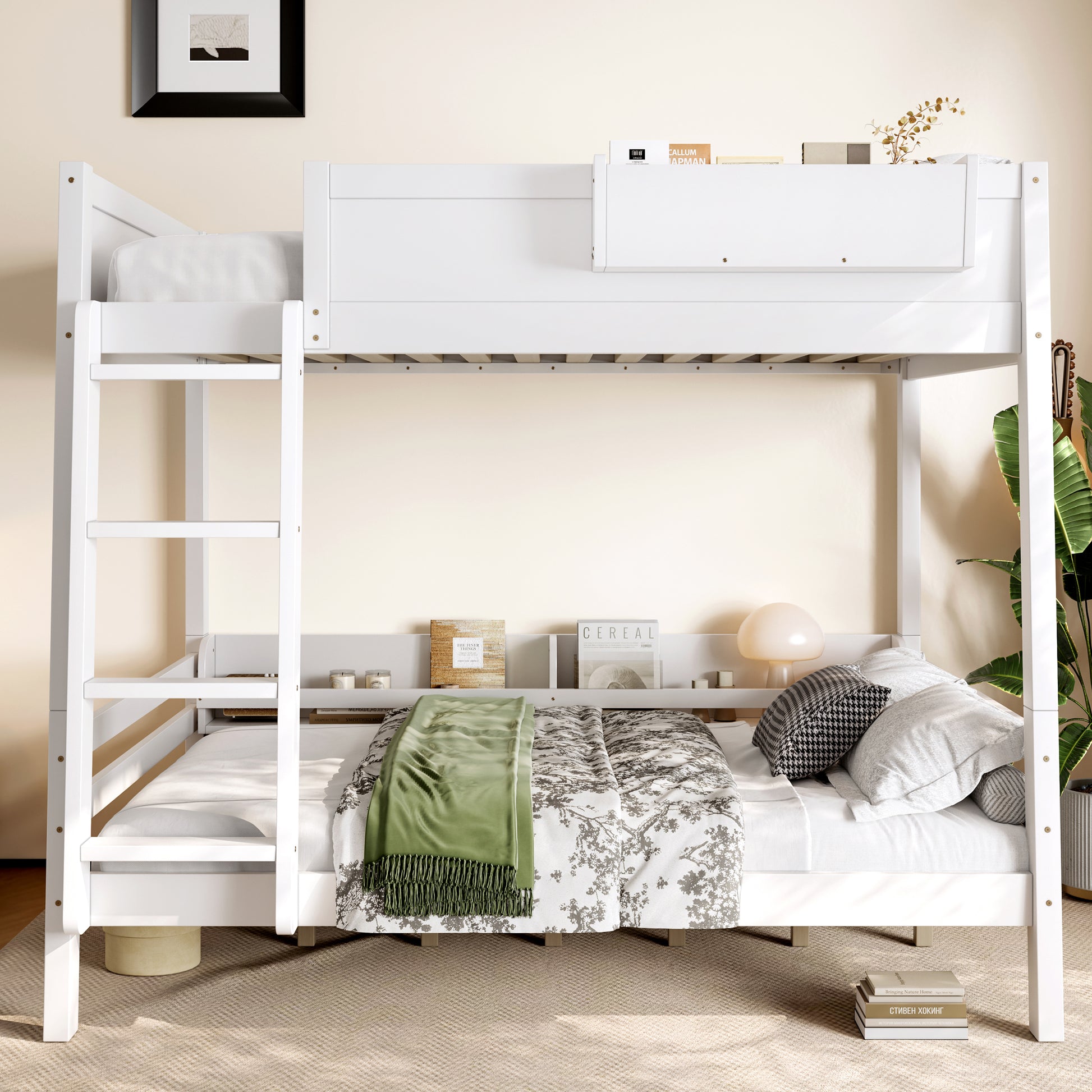Full Bunk Bed With Storage Shelf and Bookshelf,Wood Bunk Bed with Ladder and Guardrails,Detachable Design,White image 2