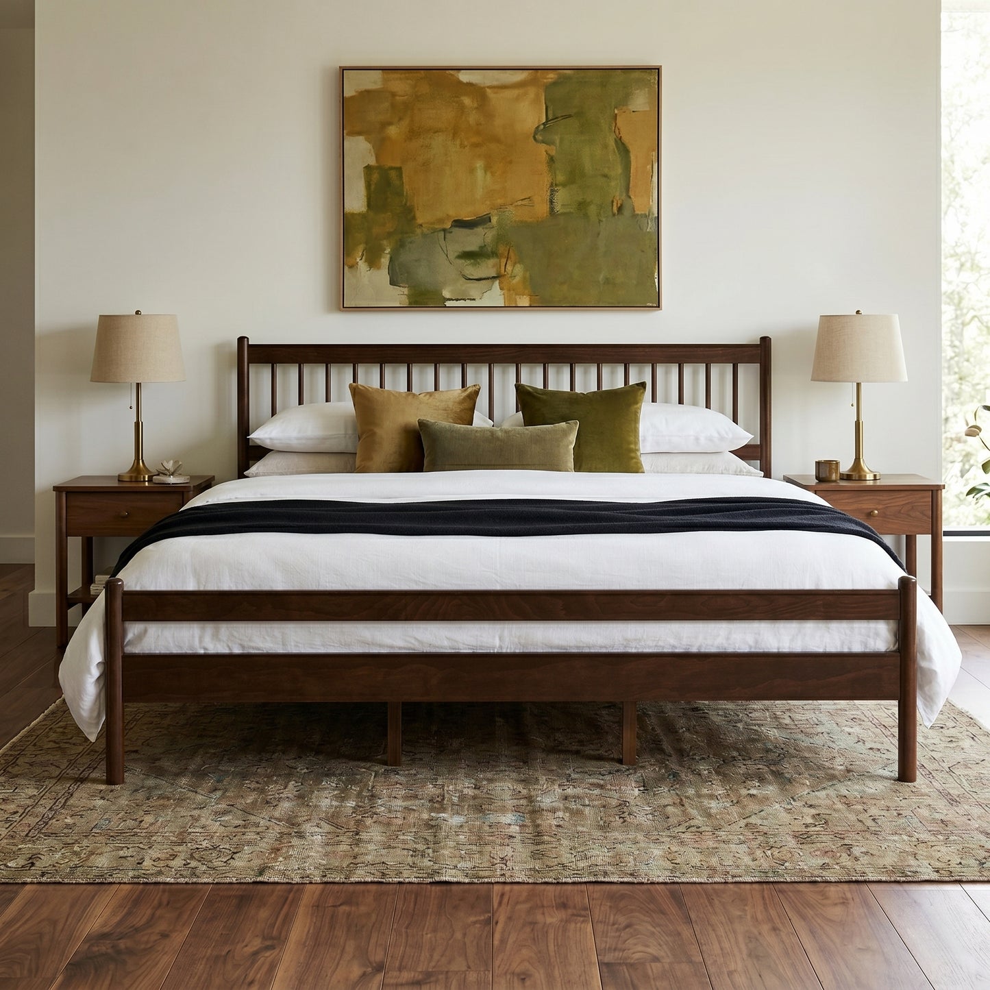 Traditional Style King Size Bed with Headboard and Footboard, Pinewood Bed with Strengthened Bed Frame,Walnut image 1