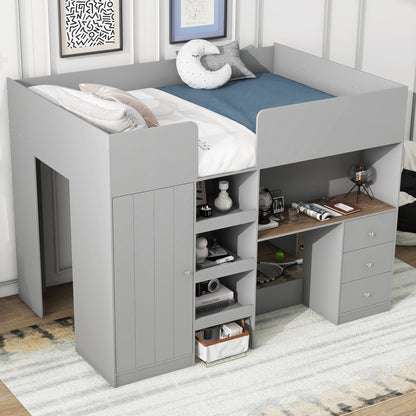 Wood Full Size Loft Bed with Built-in Wardrobe, Desk, Storage Shelves and Drawers, Grey image 3