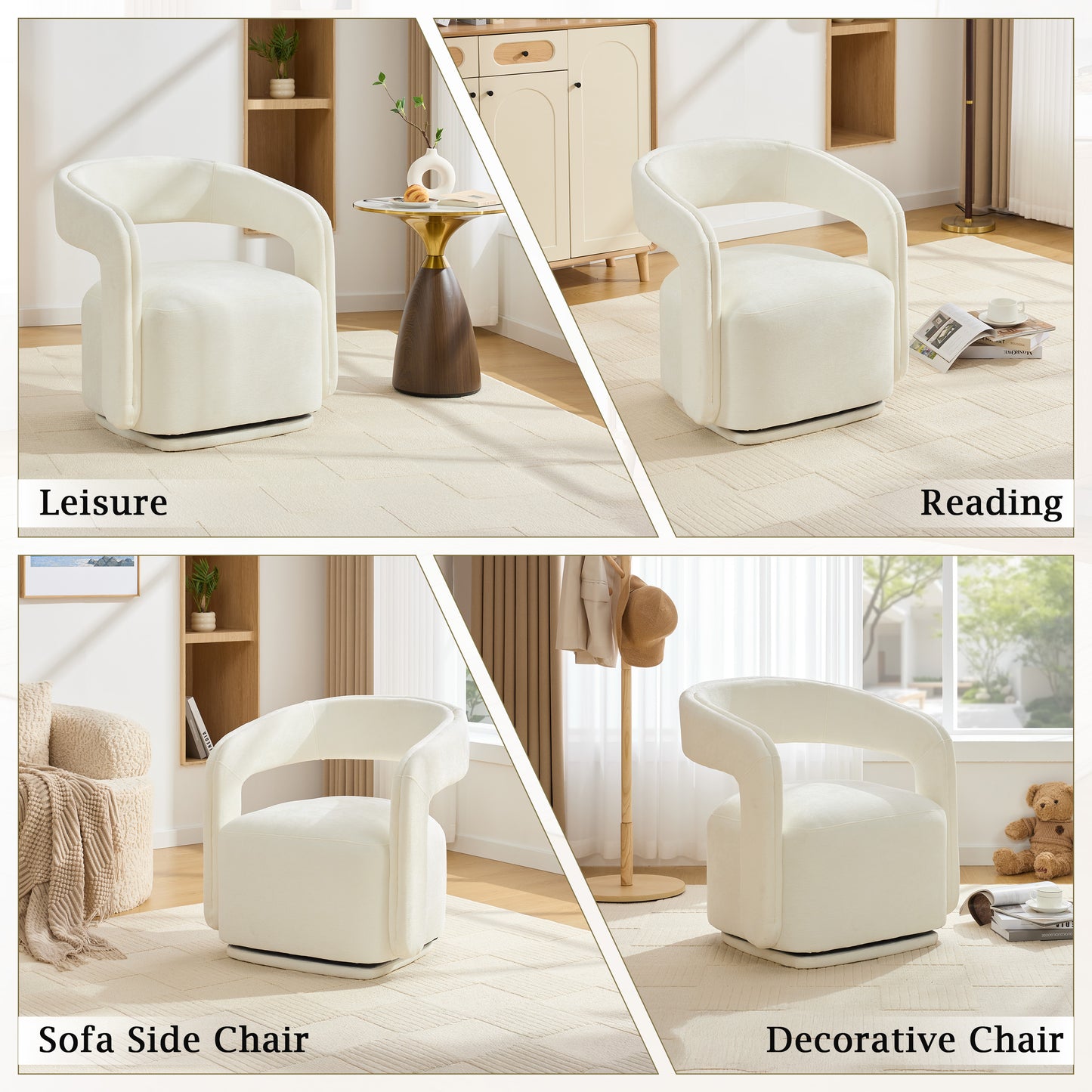 065-Chenille Fabric Swivel Accent Armchair, Comfy Barrel Leisure Chair With Curved Backrest, Upholstered Reading Chair With Black Swivel Base, 22-inch large seat depth and width, White image 7