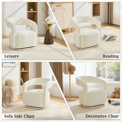 065-Chenille Fabric Swivel Accent Armchair, Comfy Barrel Leisure Chair With Curved Backrest, Upholstered Reading Chair With Black Swivel Base, 22-inch large seat depth and width, White image 7