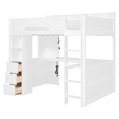 Full Size Wooden Gaming Loft Bed with U-Shaped Desk, Smart RGB LED Lights and USB Ports, Multi-Functional High Sleeper with 3 Drawers and Storage Shelves for Teens Adults, White image 11