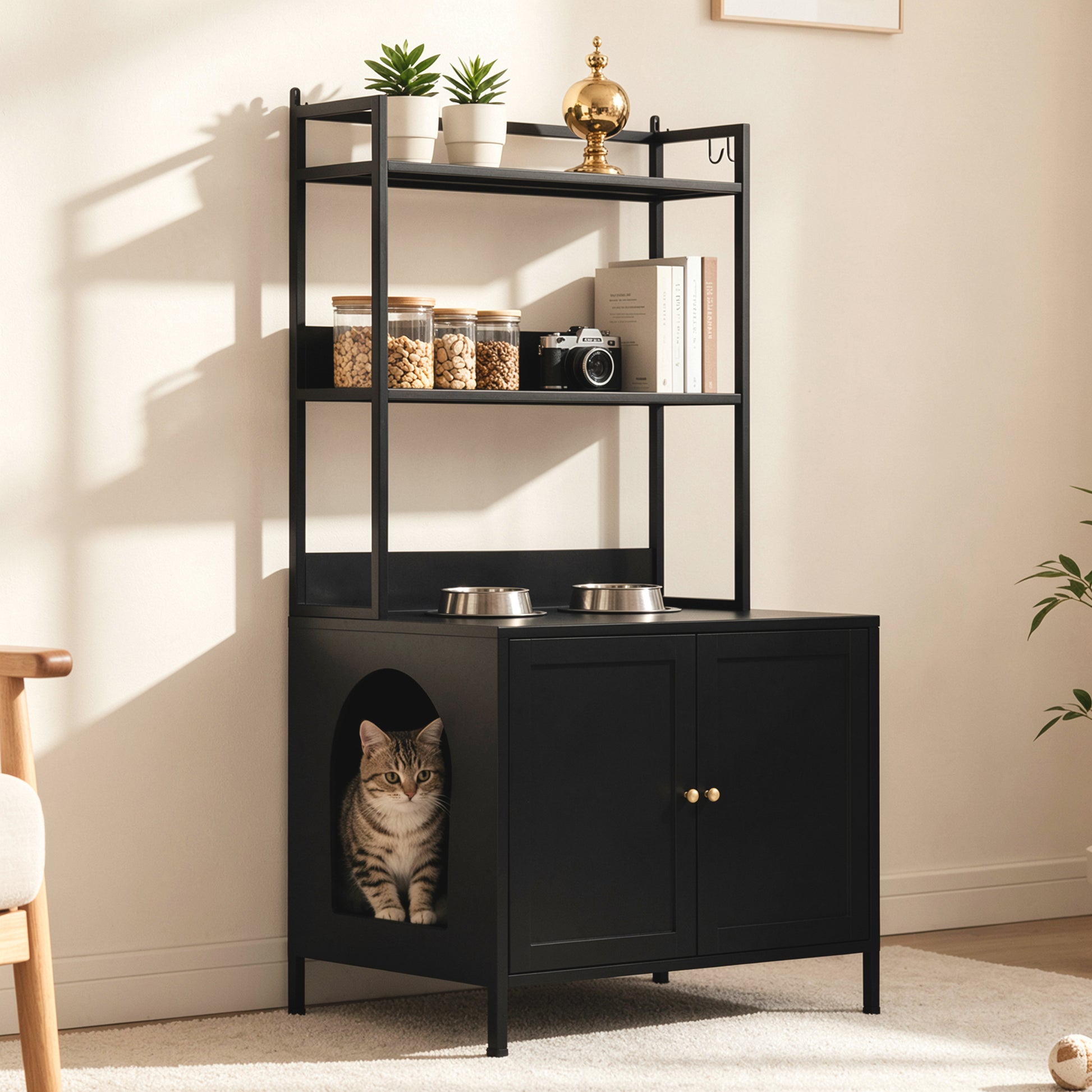Metal Cat Litter Box Enclosure, 57" Tall Hidden Litter Box Cabinet with 3 Tier Storage Shelves, Large Indoor Cat House with Doors & 4 S-Hooks, Odor Control Pet Washroom Furniture for Large Cats, Black image 1