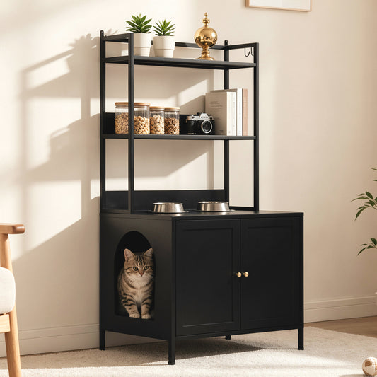 Metal cat litter box enclosure 57 inch tall hidden cabinet with storage shelves black