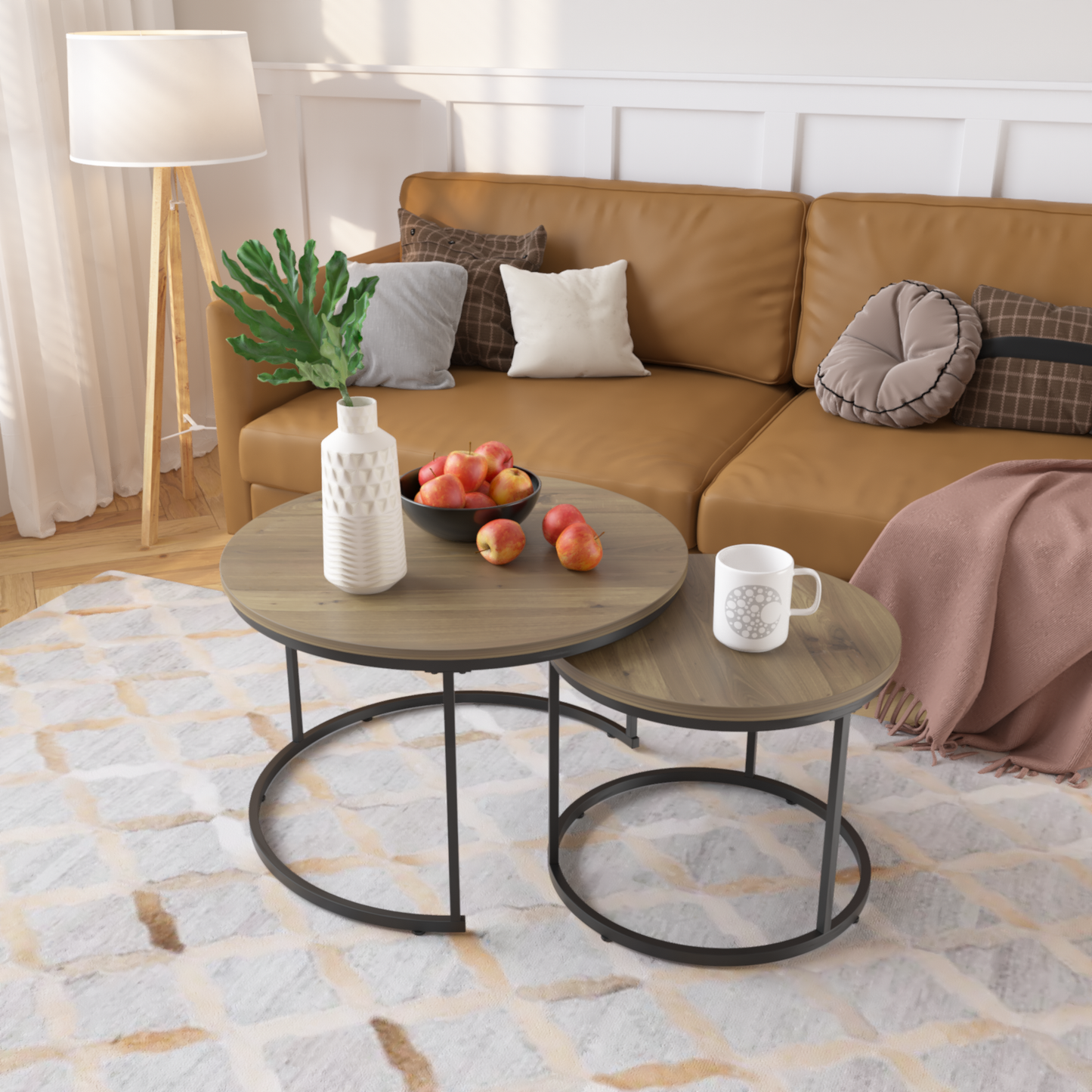 27.6" Nesting Coffee Table Set of 2, Round Coffee Table Wood Marble Pattern Top with Sturdy Metal Frame, End Table Side Tables for Living Room Bedroom Balcony Yard (Brown) image 11