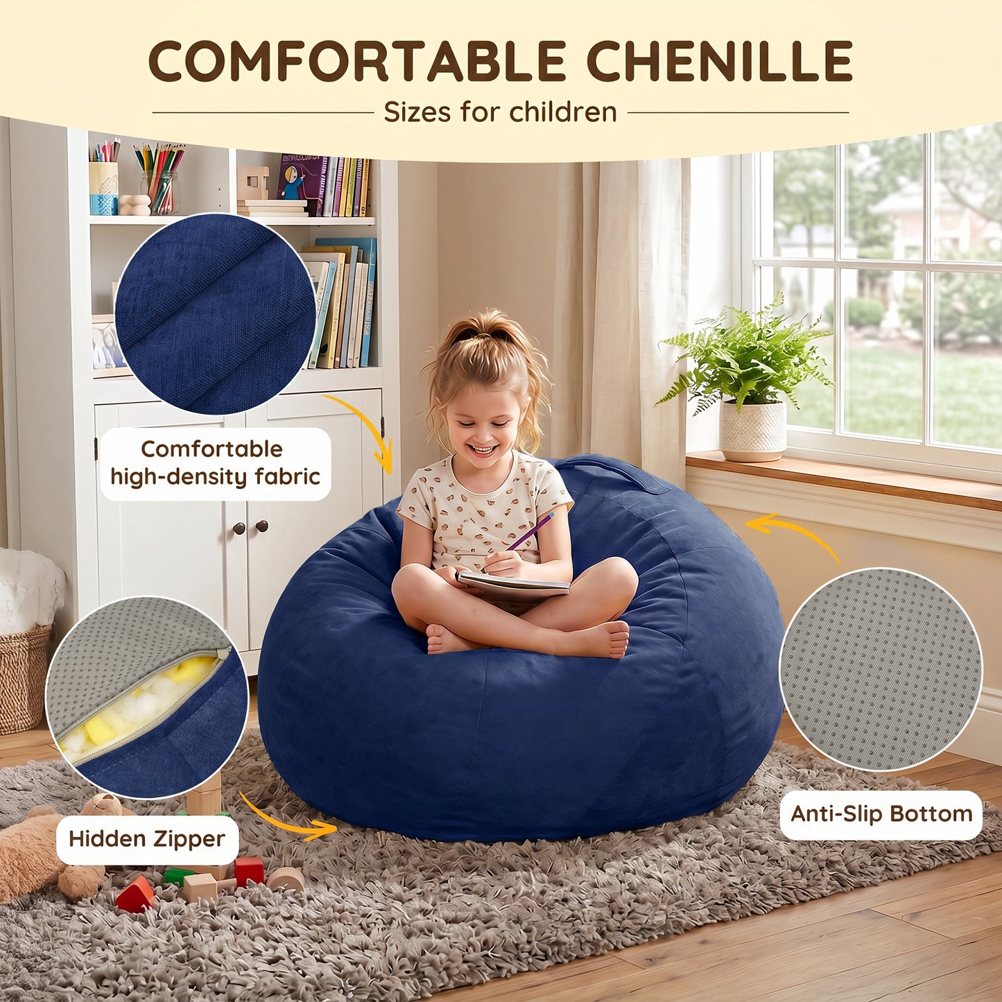 2.5FT Bean Bag Chair for Teens & Youth, Velvet Cartoon & Chenille Fabric Beanbag Chair with High-Density Foam Filled, Soft Comfy Bean Bag Sofa for Playroom, Bedroom, Living Room image 7