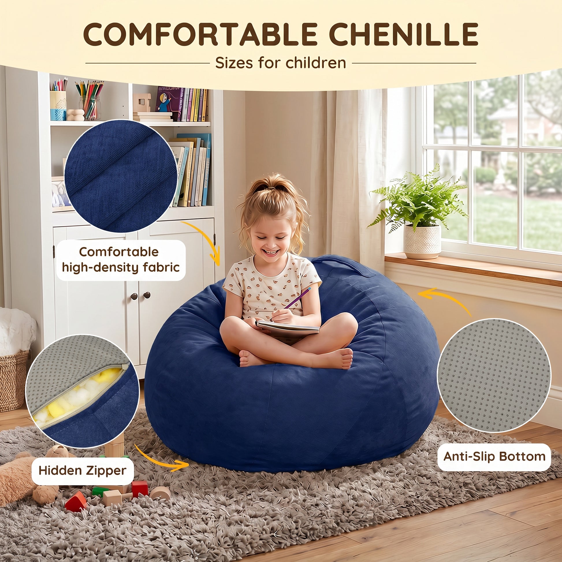 2.5FT Bean Bag Chair for Teens & Youth, Velvet Cartoon & Chenille Fabric Beanbag Chair with High-Density Foam Filled, Soft Comfy Bean Bag Sofa for Playroom, Bedroom, Living Room image 7
