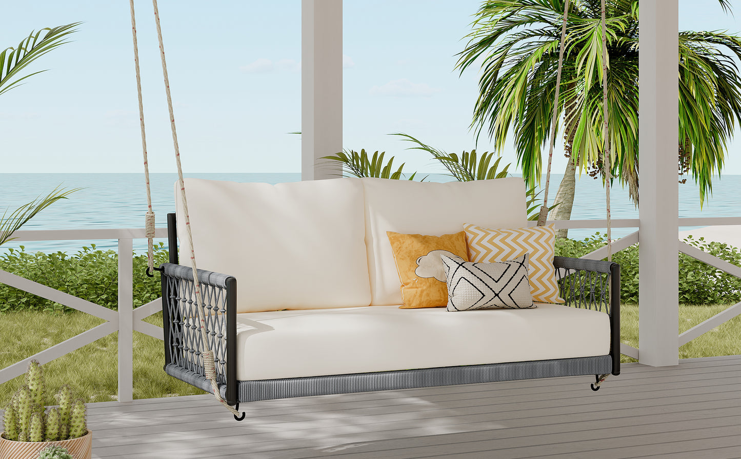 TREXM 1-Piece Woven Rope Outdoor Swing Sofa with Soft Cushions Seating 2 for Patio, Courtyard and Balcony (Beige) image 8