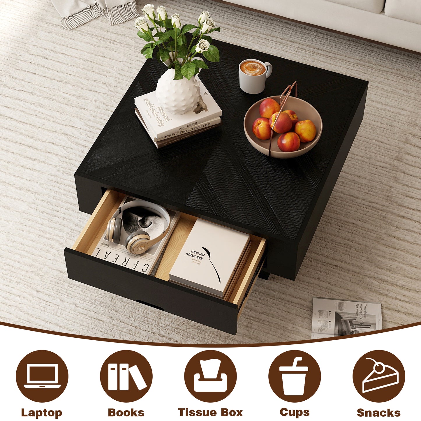 Square Veneer-Top Coffee Table with Drawer, KD Pedestal Base, Weathered Natural / Pearl Black image 5