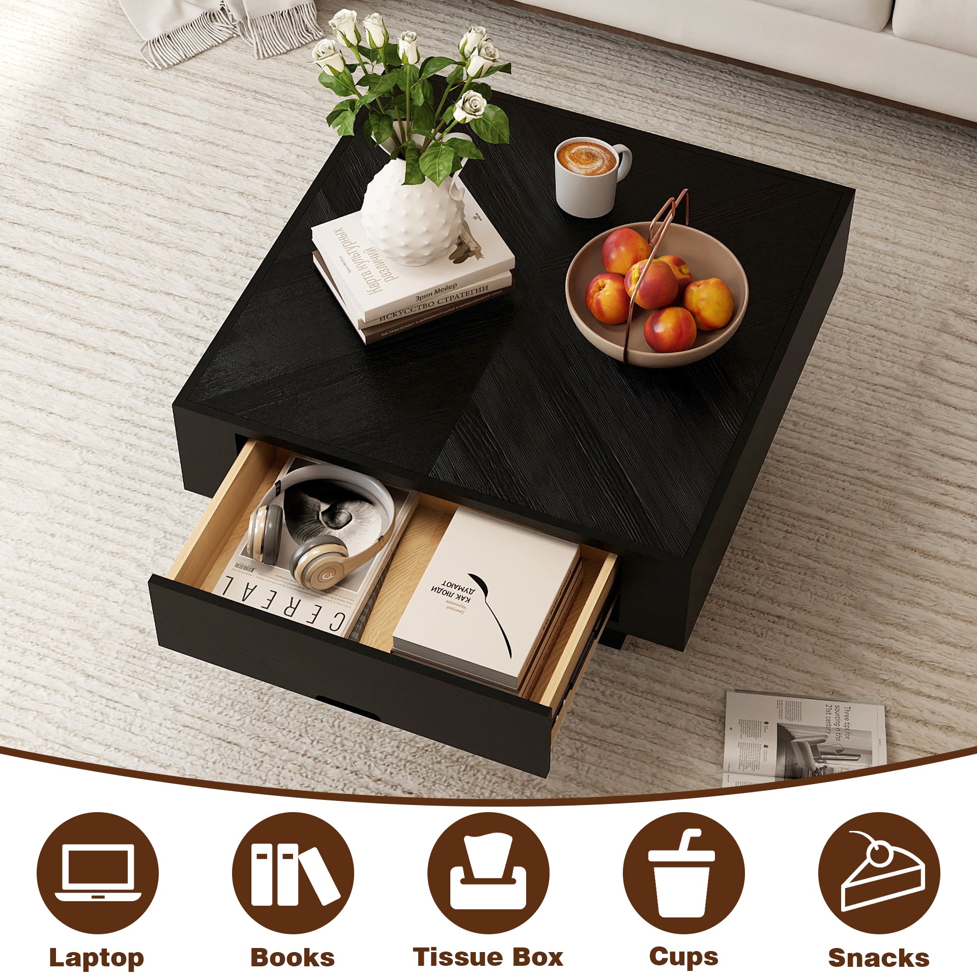 Square Veneer-Top Coffee Table with Drawer, KD Pedestal Base, Weathered Natural / Pearl Black image 5