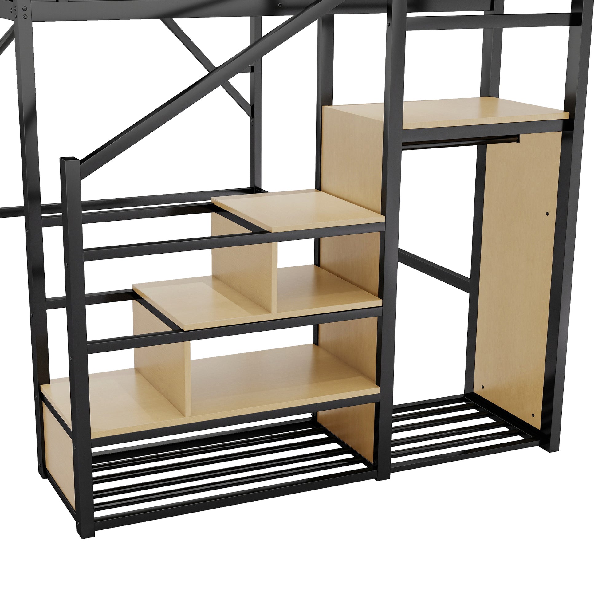 Queen Size Loft Bed with Stairs, Metal Queen Loft Bed with Storage Shelves, High Loft Bed with Wardrobe for Kids Teens Adults, Black(Old SKU W2580S00028) Patent Products image 8