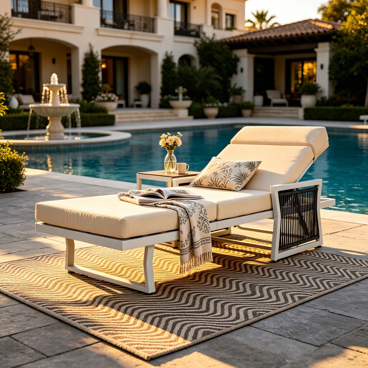 White Iron Outdoor Chaise Lounge with Black Rope Armrests, 4" Thick 4-Fold Beige Water Resistant Cushion with Built-In Headrest, 5-Position Adjustable, 400 LBS Capacity for Patio Pool Backyard image 1