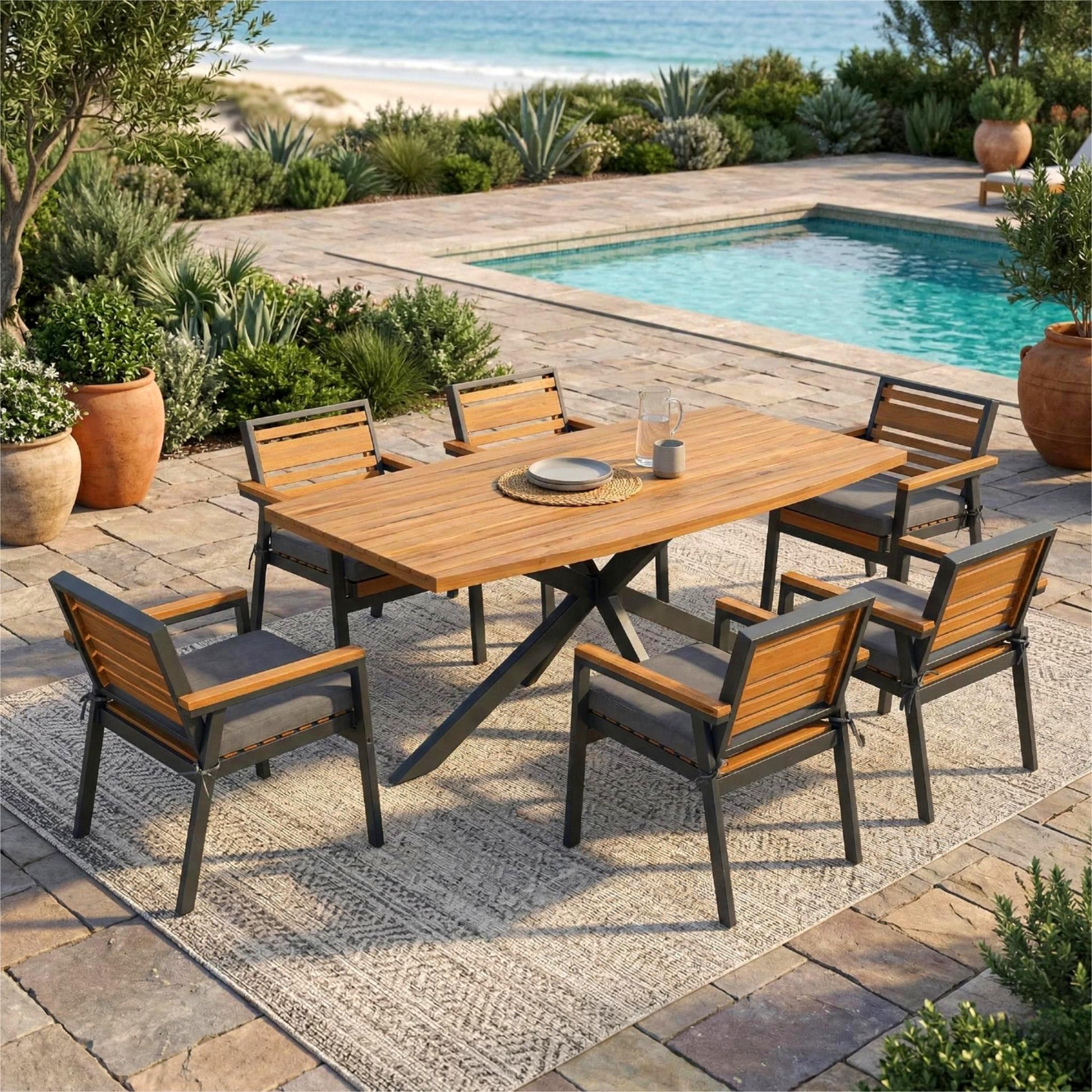 Modern 7-Piece Dining Set, Acacia Wood with Iron Frame, 6 Chairs with Dual-Layer Iron & Wood Seat Frame and Detachable Cushions, Outdoor/Indoor Furniture for Patio and Garden, Gray image 1